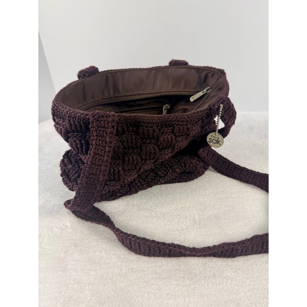 The Sak Classic Crochet Medium Shoulder Bag Maroon Knit Boho Tote Handbag Purse